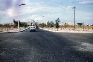 asphalt crossroads with a car on one road